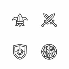 Set line Round wooden shield, Shield, Fleur lys or lily flower and Crossed medieval sword icon. Vector