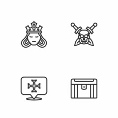 Set line Antique treasure chest, Crusade, Princess or queen and Skull with sword icon. Vector