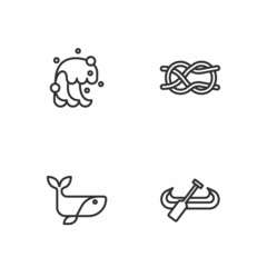 Set line Kayak and paddle, Whale, Tsunami and Nautical rope knots icon. Vector