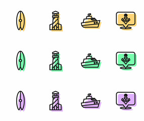 Set line Speedboat, Surfboard, Lighthouse and Anchor icon. Vector