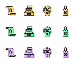 Set line Discount percent tag, Paper check and financial check, Cash register machine and icon. Vector