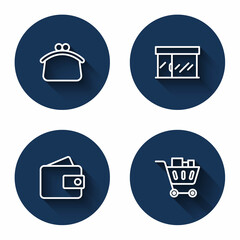 Set line Wallet, Market store, and Shopping cart and food with long shadow. Blue circle button. Vector