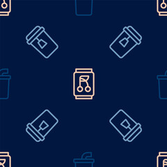 Set line Paper glass with water, Cup of tea and Soda can on seamless pattern. Vector