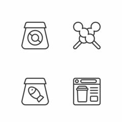 Set line Online ordering food, fish, and Meatballs on wooden stick icon. Vector