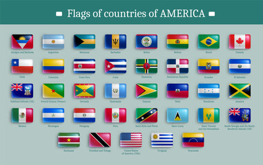 Set of flags of American continent countries buttons. North and South America official national flags of rectangular shape, glossy badges or magnets realistic vector illustration