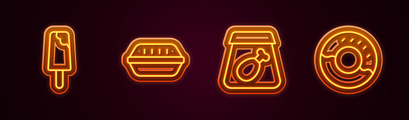 Obraz premium Set line Ice cream, Lunch box, Online ordering meal and Donut. Glowing neon icon. Vector