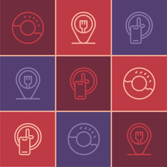 Set line Donut, Round the clock delivery and Cafe and restaurant location icon. Vector