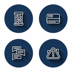 Set line Cryogenic capsules, Credit card, Speech bubble chat and Exclamation mark in triangle with long shadow. Blue circle button. Vector