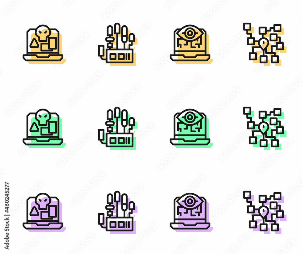 Poster set line computer vision, internet piracy, mechanical robot hand and neural network icon. vector