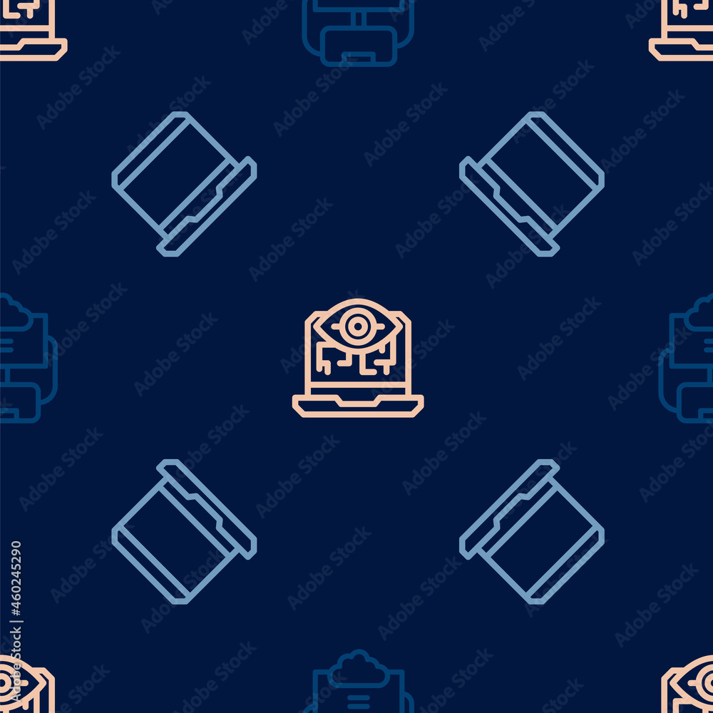 Poster set line cloud database, laptop and computer vision on seamless pattern. vector