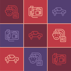 Set line Humanoid robot, Fantastic flying car and Motherboard icon. Vector
