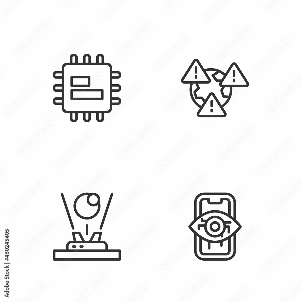 Poster set line computer vision, hologram, processor cpu and earth with exclamation mark icon. vector