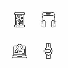 Set line Wrist watch, Internet piracy, Cryogenic capsules and Headphones icon. Vector