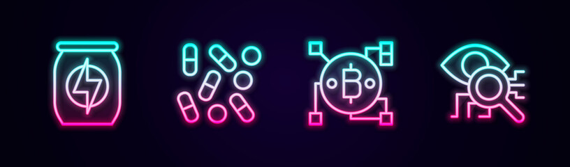 Set line Energy drink, Medical pill biohacking, Blockchain technology Bitcoin and Eye scan. Glowing neon icon. Vector