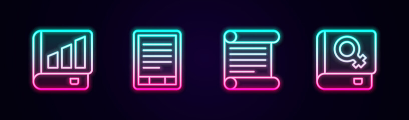 Set line Financial book, E-Book reader, Decree, parchment, scroll and about women. Glowing neon icon. Vector