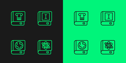 Set line Book about physics, Earth globe and book, History and icon. Vector