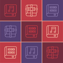 Set line Audio book, Books about programming and as gift icon. Vector