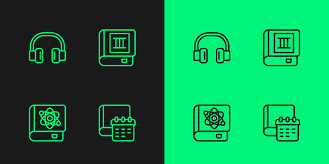 Set line Daily paper notepad, Book about physics, Headphones and icon. Vector