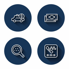 Set line Taximeter device, Stacks paper money cash, Search taxi and call telephone service with long shadow. Blue circle button. Vector