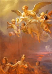 Gartenposter ROME, ITALY - AUGUST 28, 2021: The painting Angels liberated the souls from the purgatory with Eucharist, rosary and scapular in the church Chiesa San Giacomo in Augusta by E. Ballerini (1917). © Renáta Sedmáková