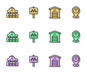 Set line Garage for taxi car, Taxi service rating, Road sign stand and Location icon. Vector