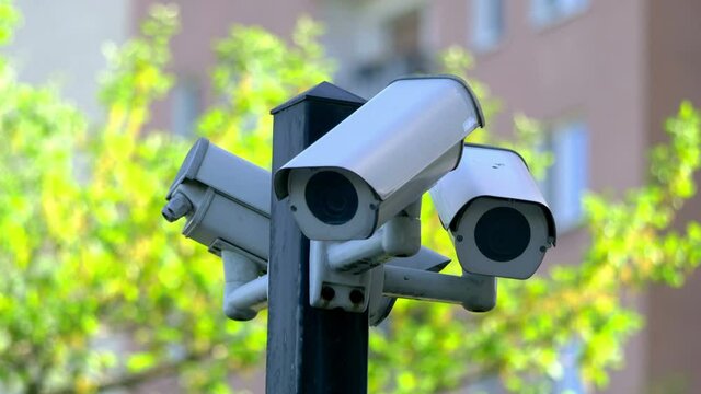 Security cameras on the pole in 4k slow motion 60fps