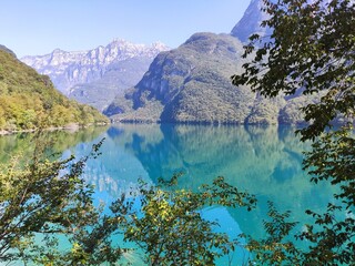 Scenic view of the Mis Lake (Lago del Mis) with its blue water, in the Dolomiti Bellunesi National Park, Sospirolo, Belluno © Doris