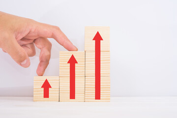 Career ladder path for business growth success process concept. Manual steps on wooden blocks in...