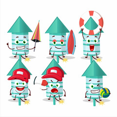 Happy Face rocket firework green cartoon character playing on a beach