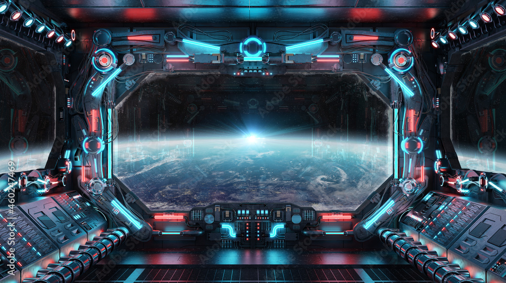 Aufkleber Dark spaceship interior with glowing blue and red lights. Futuristic spacecraft with large window view on planet Earth. 3D rendering
