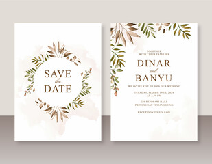 Minimalist wedding invitation template with watercolor leaves