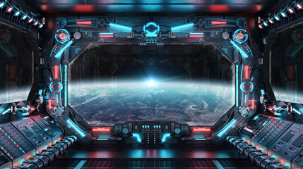 Dark spaceship interior with glowing blue and red lights. Futuristic spacecraft with large window view on planet Earth. 3D rendering © sdecoret
