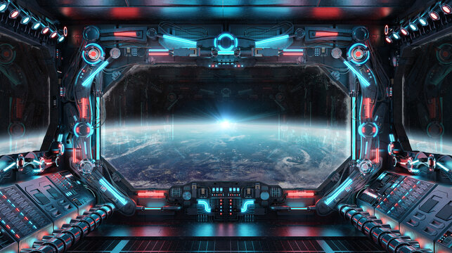 Dark spaceship interior with glowing blue and red lights. Futuristic spacecraft with large window view on planet Earth. 3D rendering