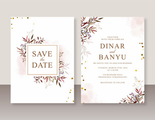 Wedding invitation set template with hand painted watercolor leaves