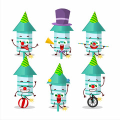 Cartoon character of rocket firework green with various circus shows