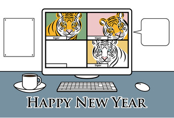 寅年 フォトフレーム 年賀状テンプレート 寅とオンライン会議をしているPC画面 イラスト ベクター
Year of the Tiger photo frame New Year greeting card template PC screen with tiger and online meeting illustration vector