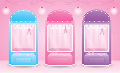 cute girly pastel claw machine collection 3d illustration vector with light bulb on sweet pink floor and wall background - obrazy, fototapety, plakaty