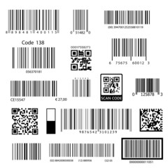 Barcodes. Supermarket scan code bars and qr codes, industrial barcode price black labels realistic isolated