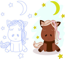 cute sleeping pony sits under the stars and the moon