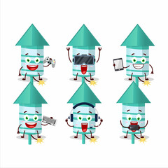 Rocket firework green cartoon character are playing games with various cute emoticons