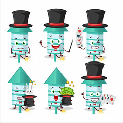 A rocket firework green Magician cartoon character perform on a stage