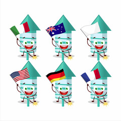 Rocket firework green cartoon character bring the flags of various countries