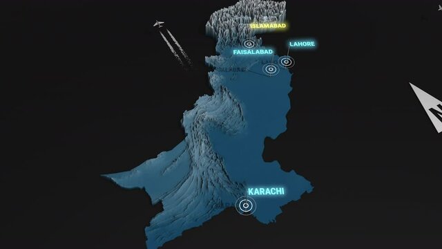 Seamless looping animation of the 3d terrain map at nighttime of Pakistan with the capital and the biggest cites in 4K resolution