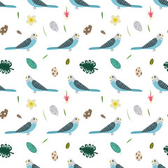 Seamless pattern with parrots budgies, tropical leaves and flowers. Cute baby print for fabric and textile.
