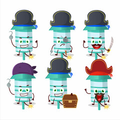 Cartoon character of rocket firework green with various pirates emoticons
