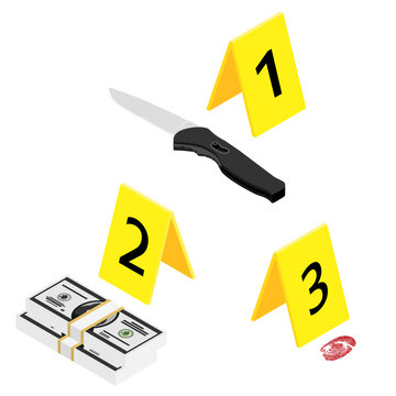 Crime scene with yellow evidence markers.