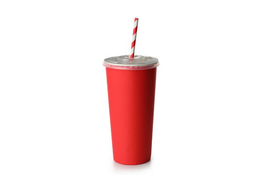 Red paper cup with straw isolated on white background