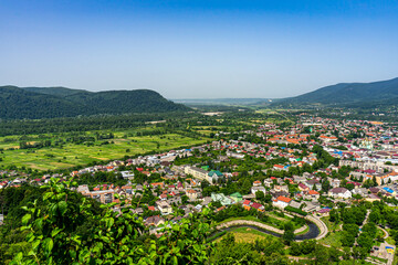 Panoramic view of Khust city from Khust castle in Khust, Ukraine on June 24, 2021.