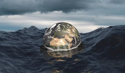 Foto auf Acrylglas Erdball versinkt im Ozean. Steigender Meeresspiegel. Stürmischer Ozean und dramatischer Himmel. Erderwärmung, Klimawandel Konzept. Erdkarte von NASA gov. 3D illustration. © Westlight