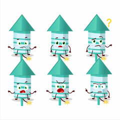 Cartoon character of rocket firework green with what expression